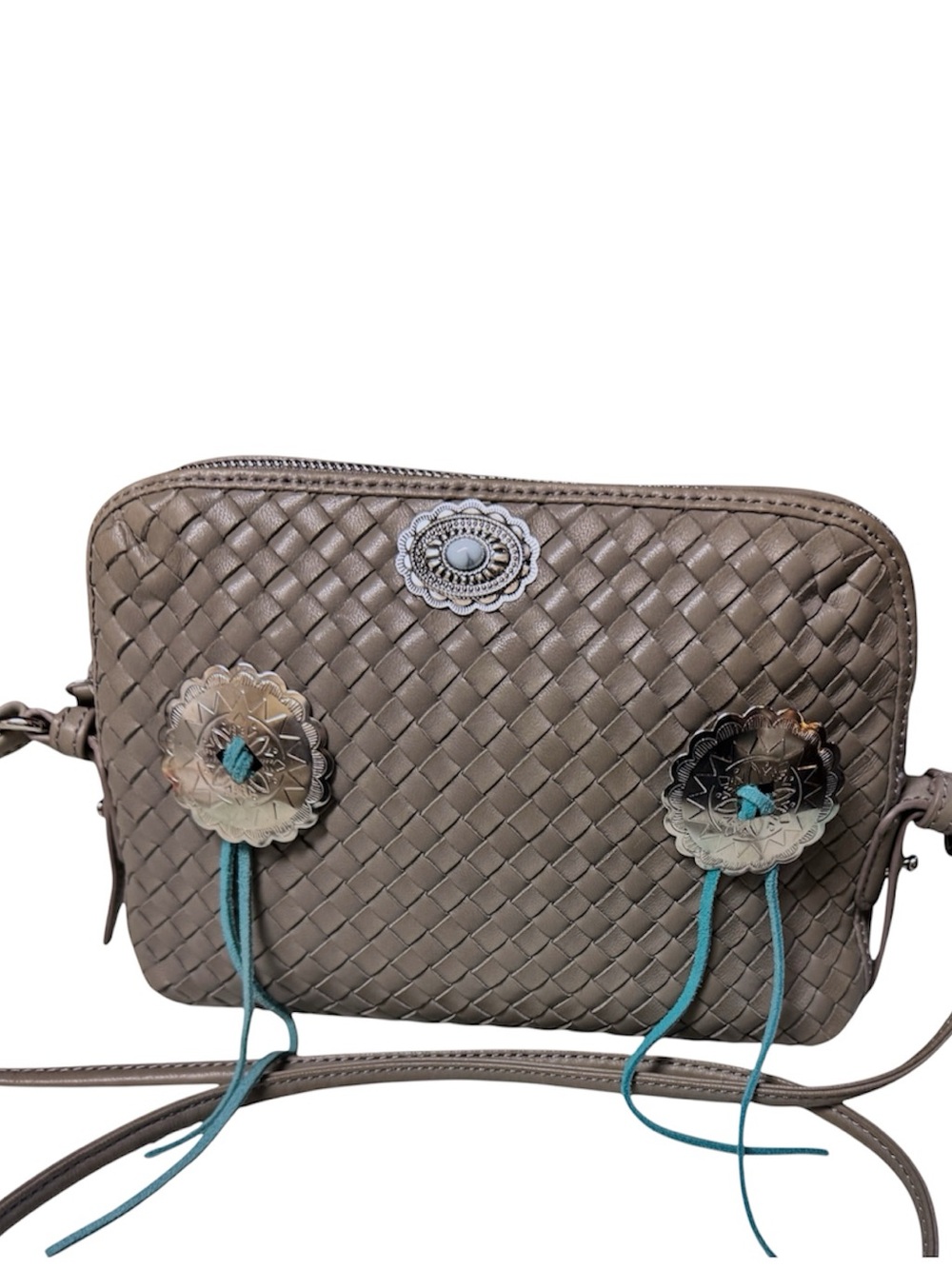 MARGOT 90’s Gray Woven Leather Concho Western Turquoise Square Crossbody Bag NEW